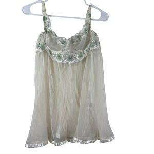 Victoria's Secret Y2K Babydoll Set Women 36B /M Ivory Green Floral Mesh